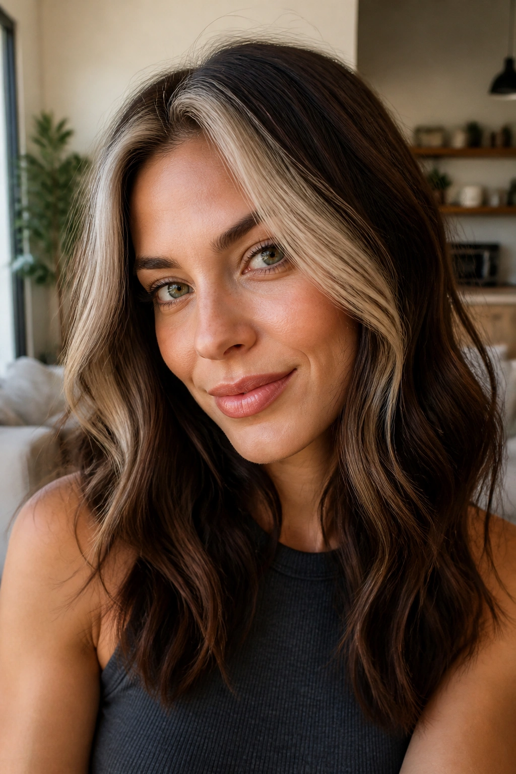 Close-up of a real woman with an ash blonde stripe on brown hair