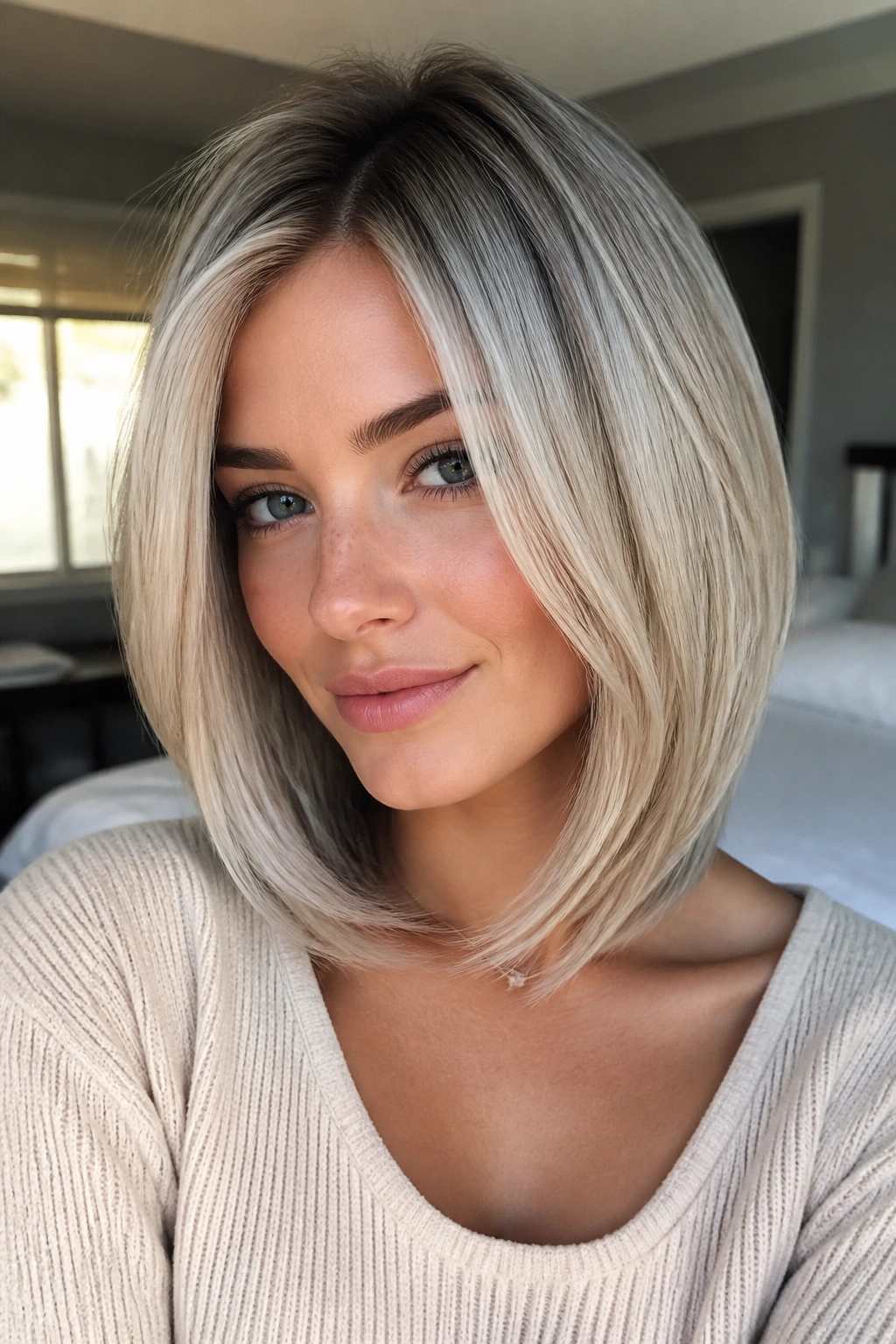 Close-up portrait of a real woman with cool vanilla ash blonde hair and tapered ends.