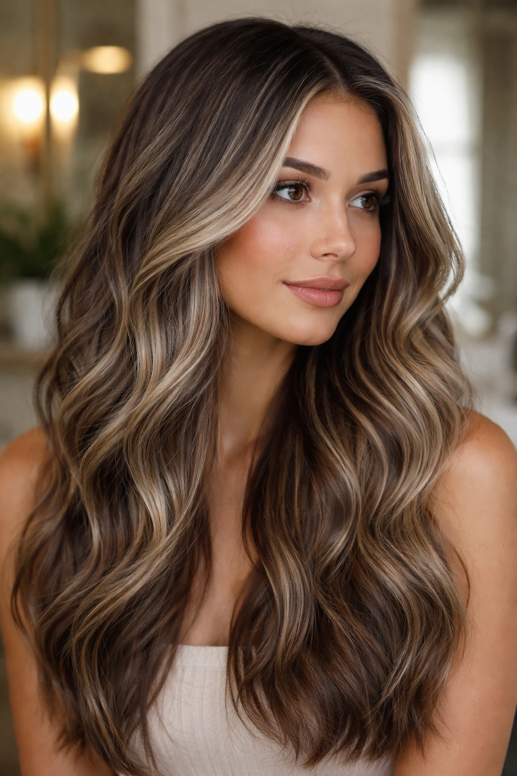 Portrait of a real woman with ash blonde teasy lights creating a soft root-blurred transition