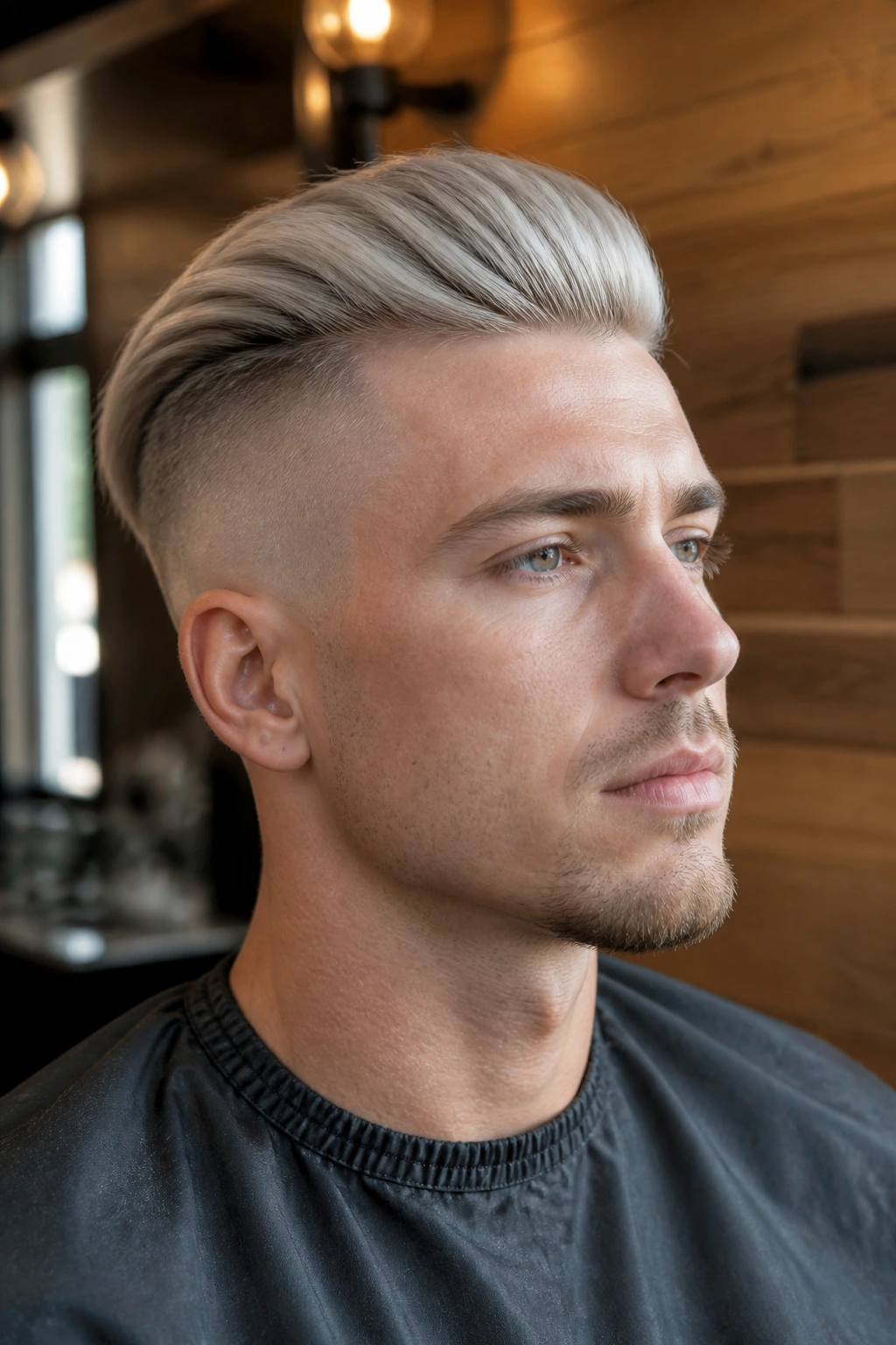 Close-up of a man with ash blonde undercut in a barbershop setting