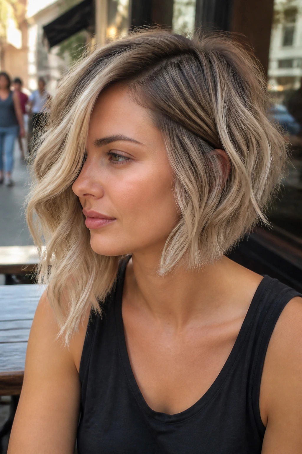 Close-up of ash blonde asymmetrical bob with waves on a real woman