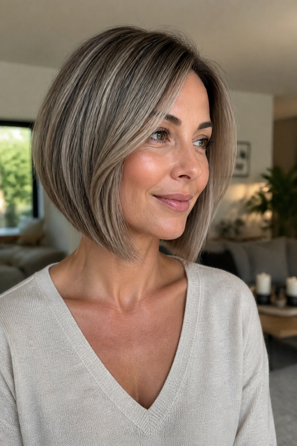 Portrait of a woman with a soft A-line ash bob