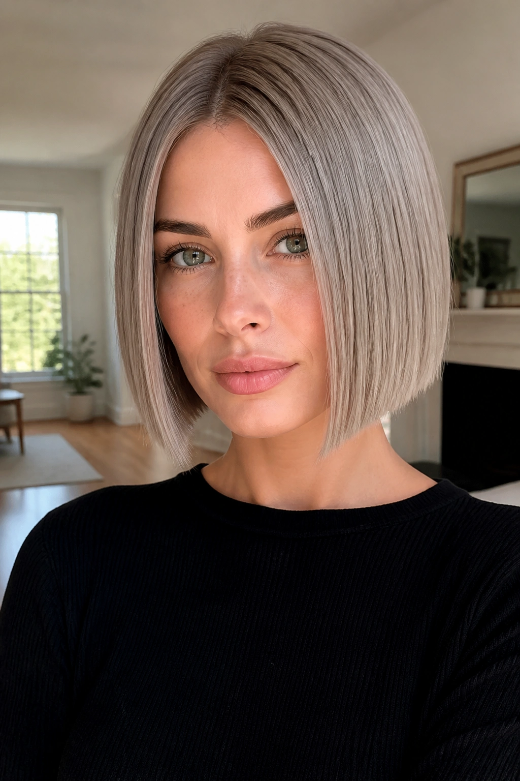 Real woman with sleek blunt ash bob under soft daylight