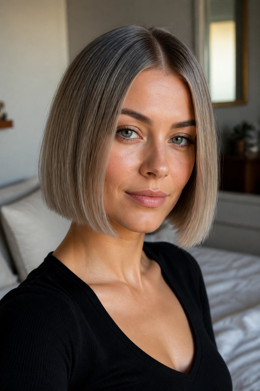 Close-up of a woman with an ash bob and center part showing a crisp line