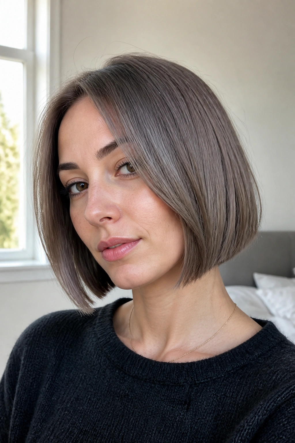 Close-up of a real woman with a smoky chin-length ash bob for fine hair in natural light
