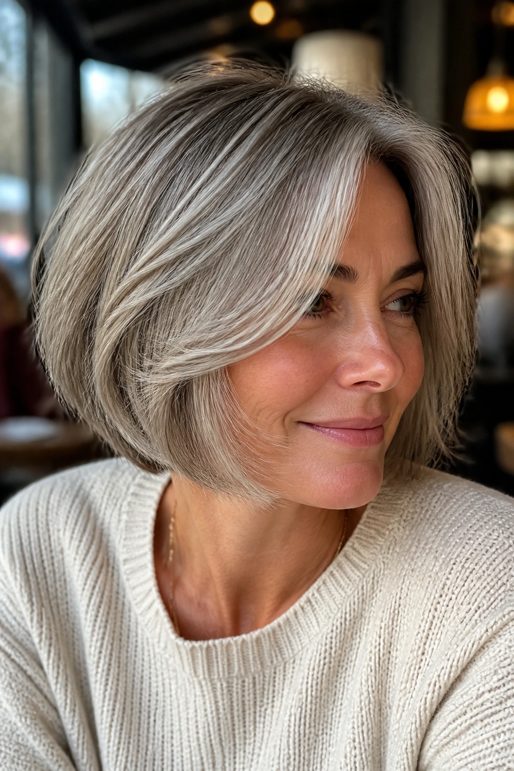 Close-up of a woman with feathered ash bob framing the face