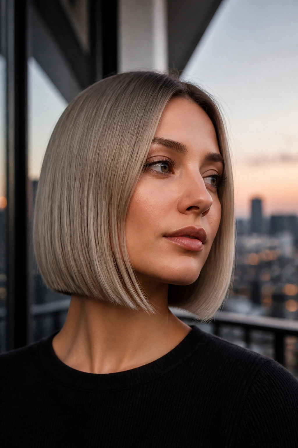 Close-up of a woman with a glossy one-length ash bob