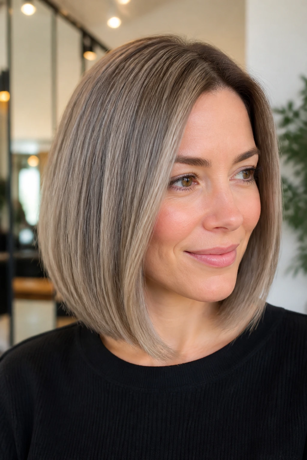 Real woman with low-maintenance ash bob growing out