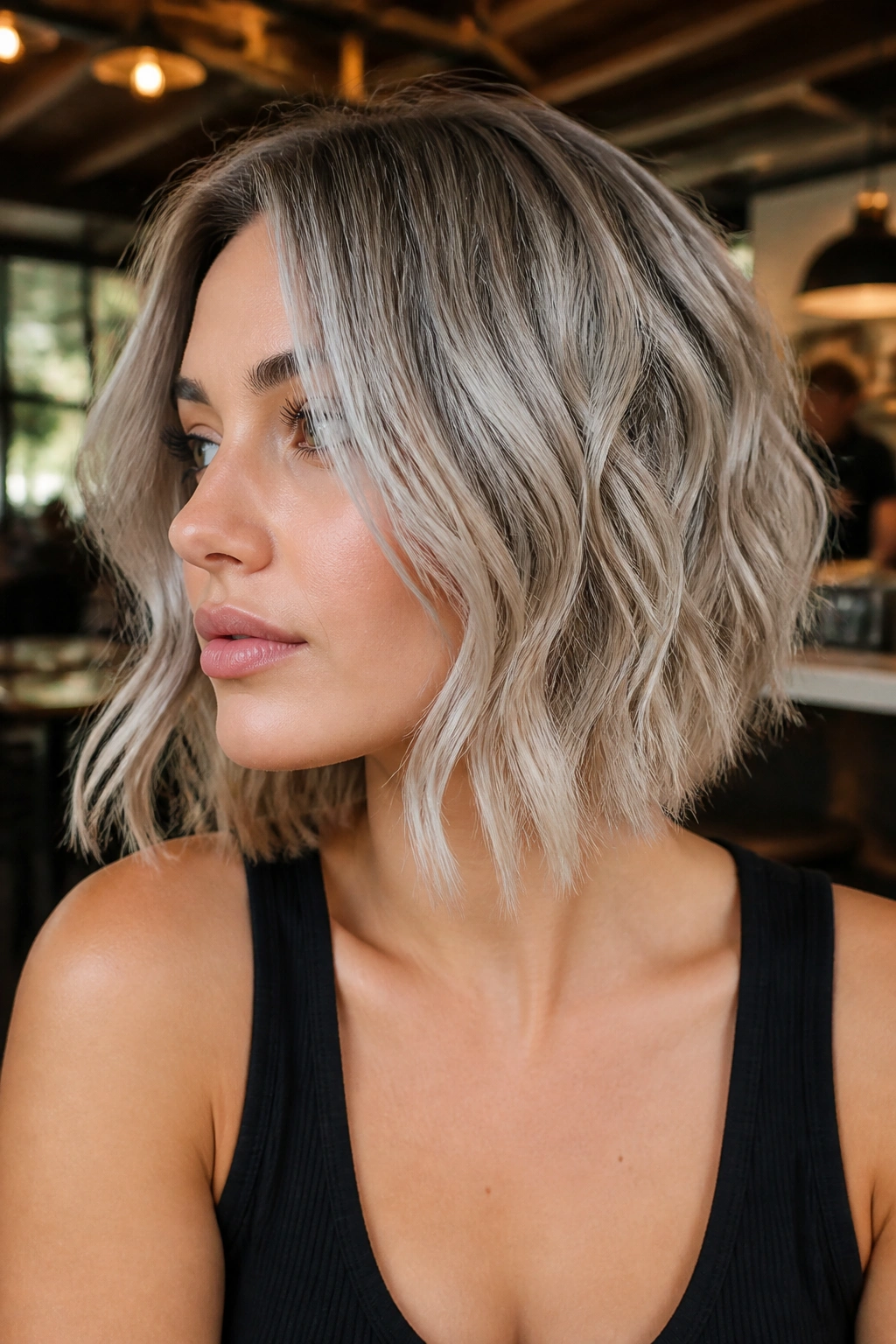 Close-up of a woman with a piecey ash bob and undone waves