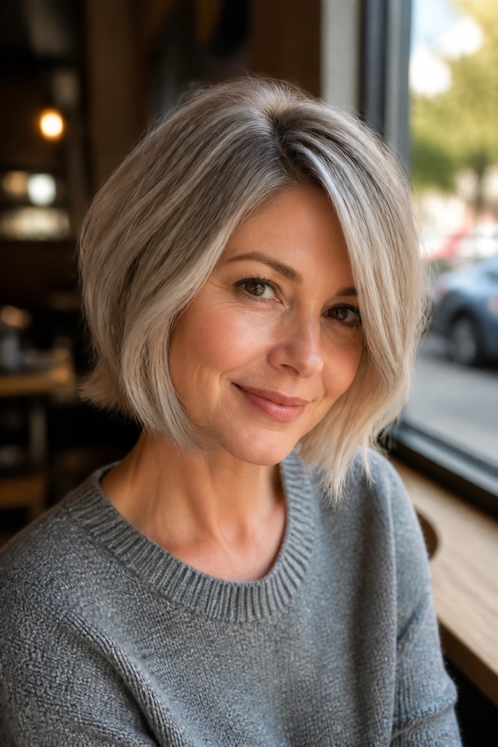 Portrait of a real woman with a soft layered ash bob and side part in natural light