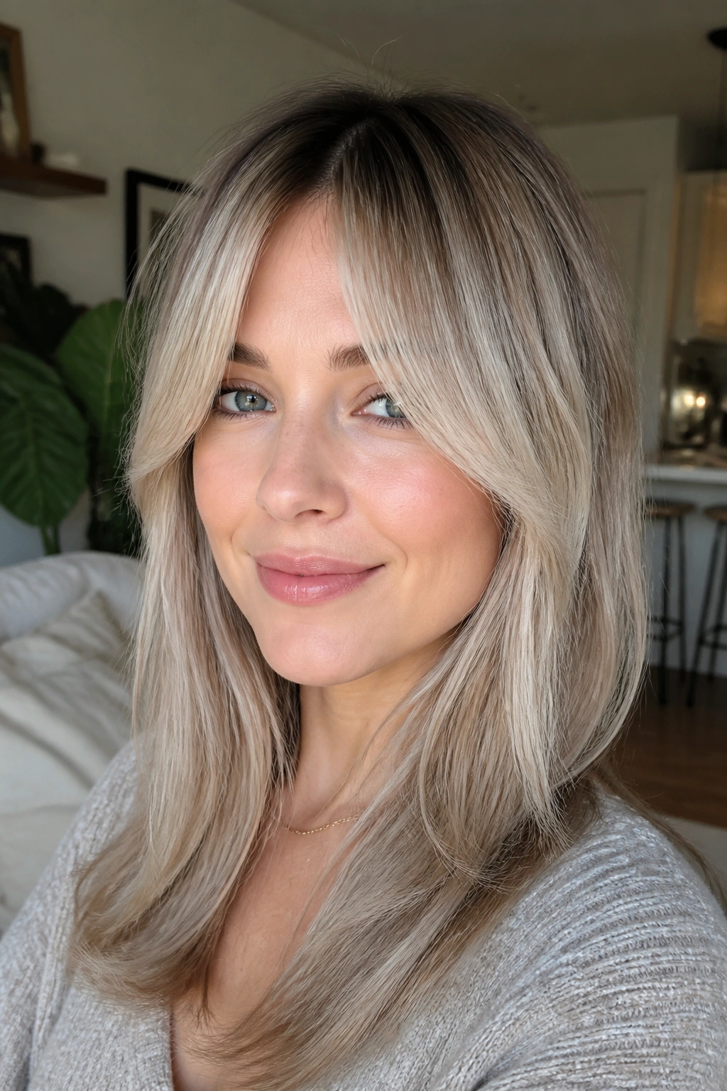 Portrait of a real woman with airy bottleneck bangs in ash blonde.