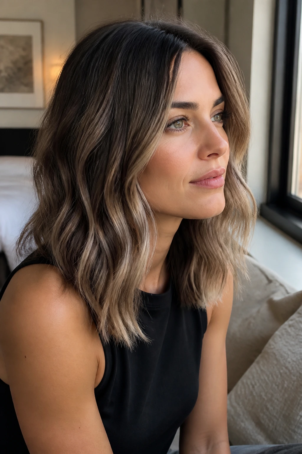 Close-up of real woman with ash-bronde hair and beige ribbons