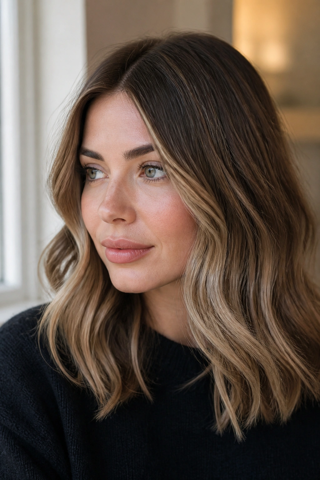 Close-up portrait of a woman with ash-bronde hair framing her face