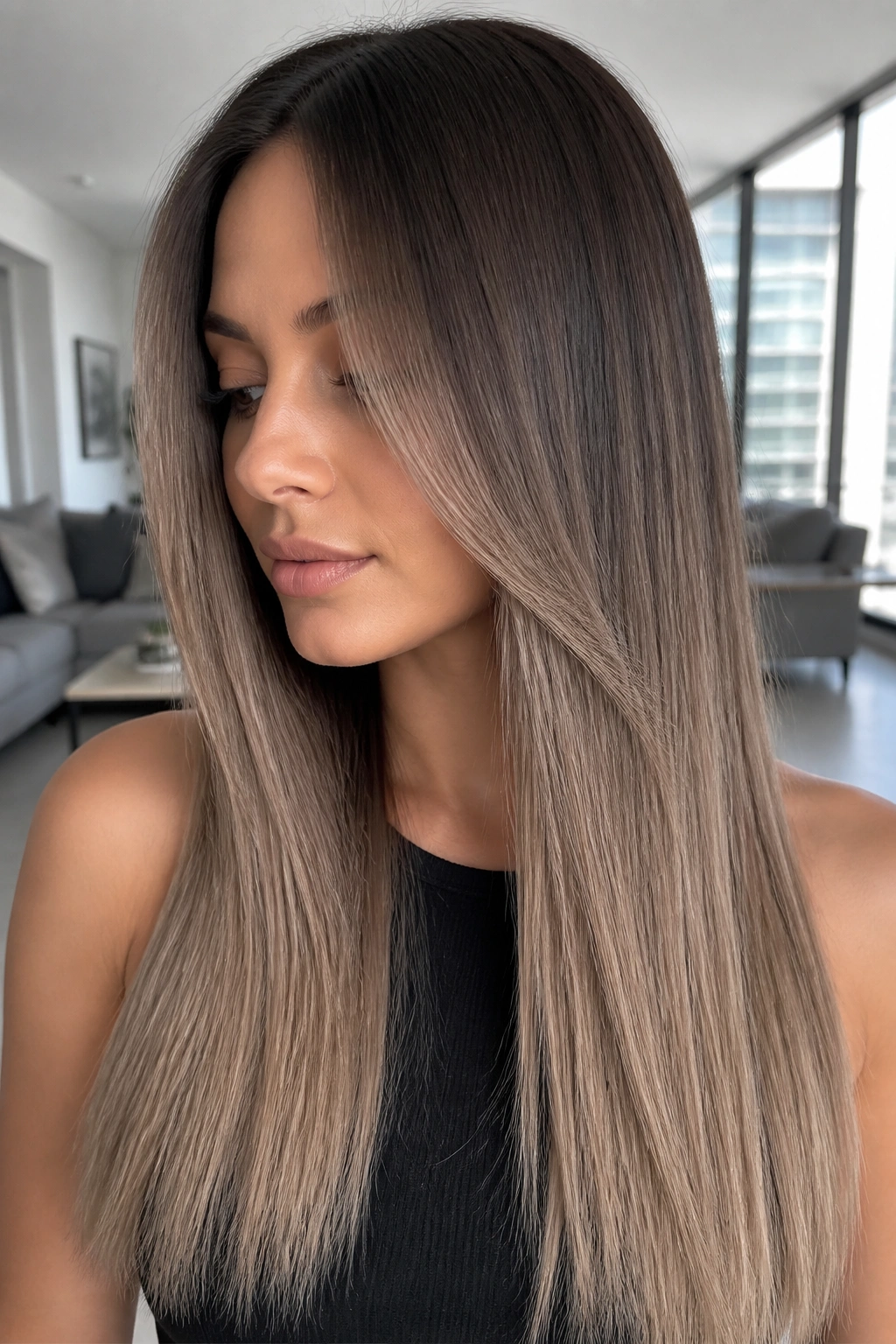 Close-up of a real woman with long ash bronde fade hair in cool tones