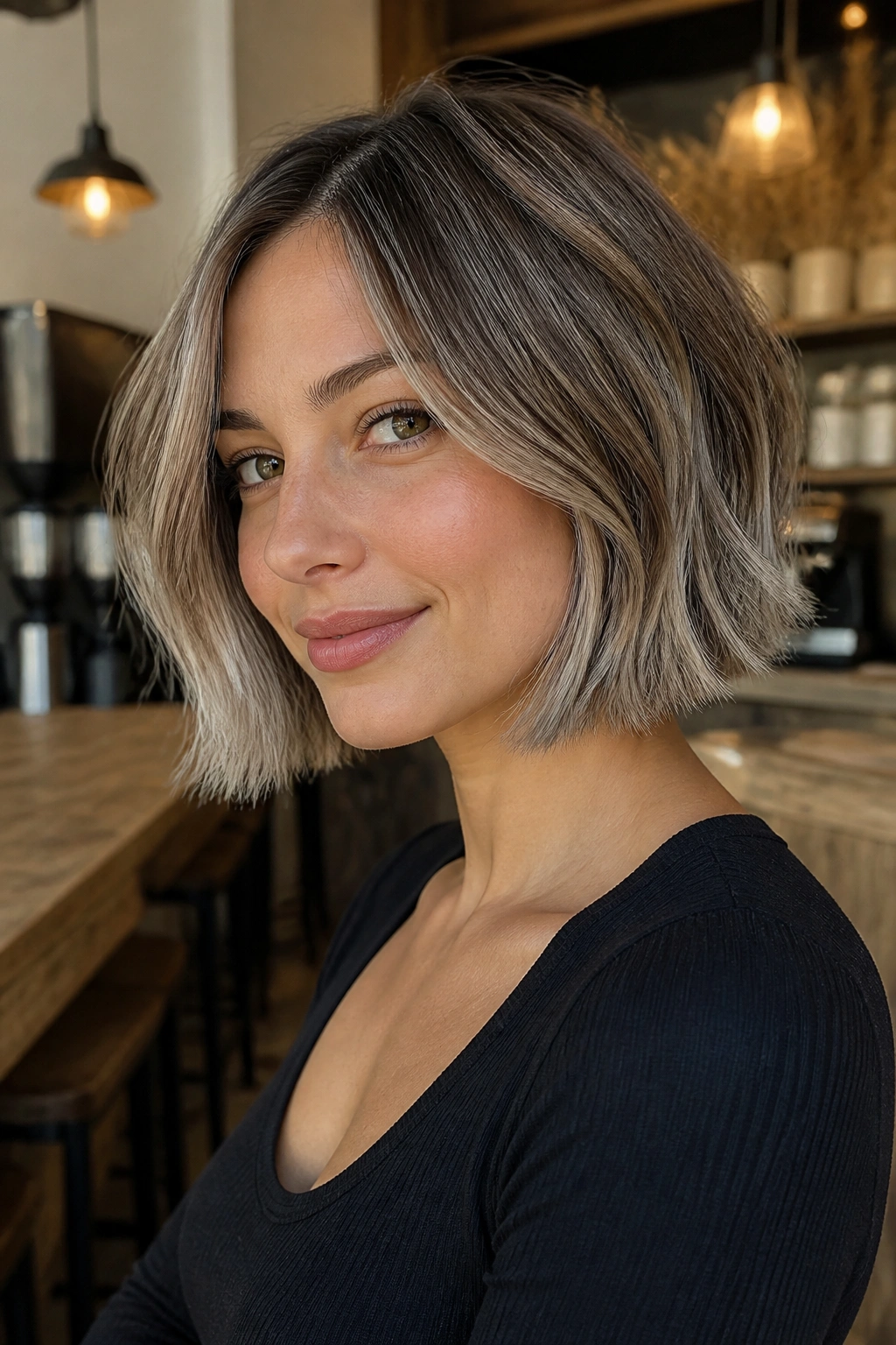 Close-up of a woman with ash bronde bob and frosted ends