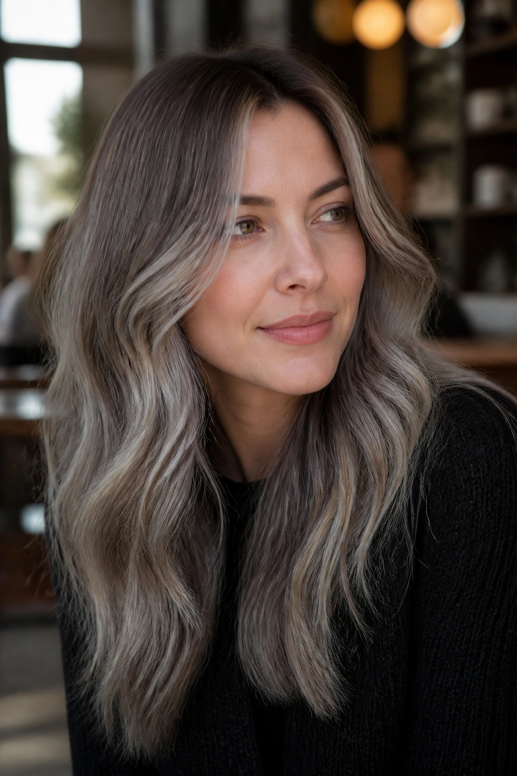 Close-up portrait of a real woman with Ash Bronde With Gray Veil in warm daylight.