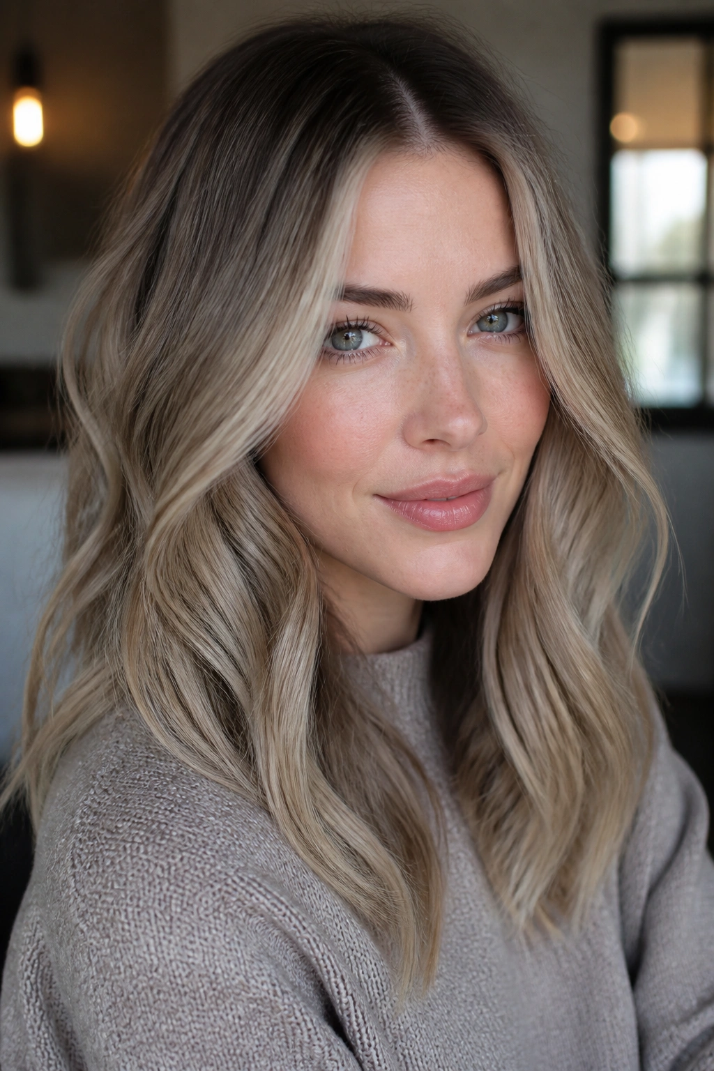 Close-up of a real person with ash-bronde hair on a neutral-cool complexion.