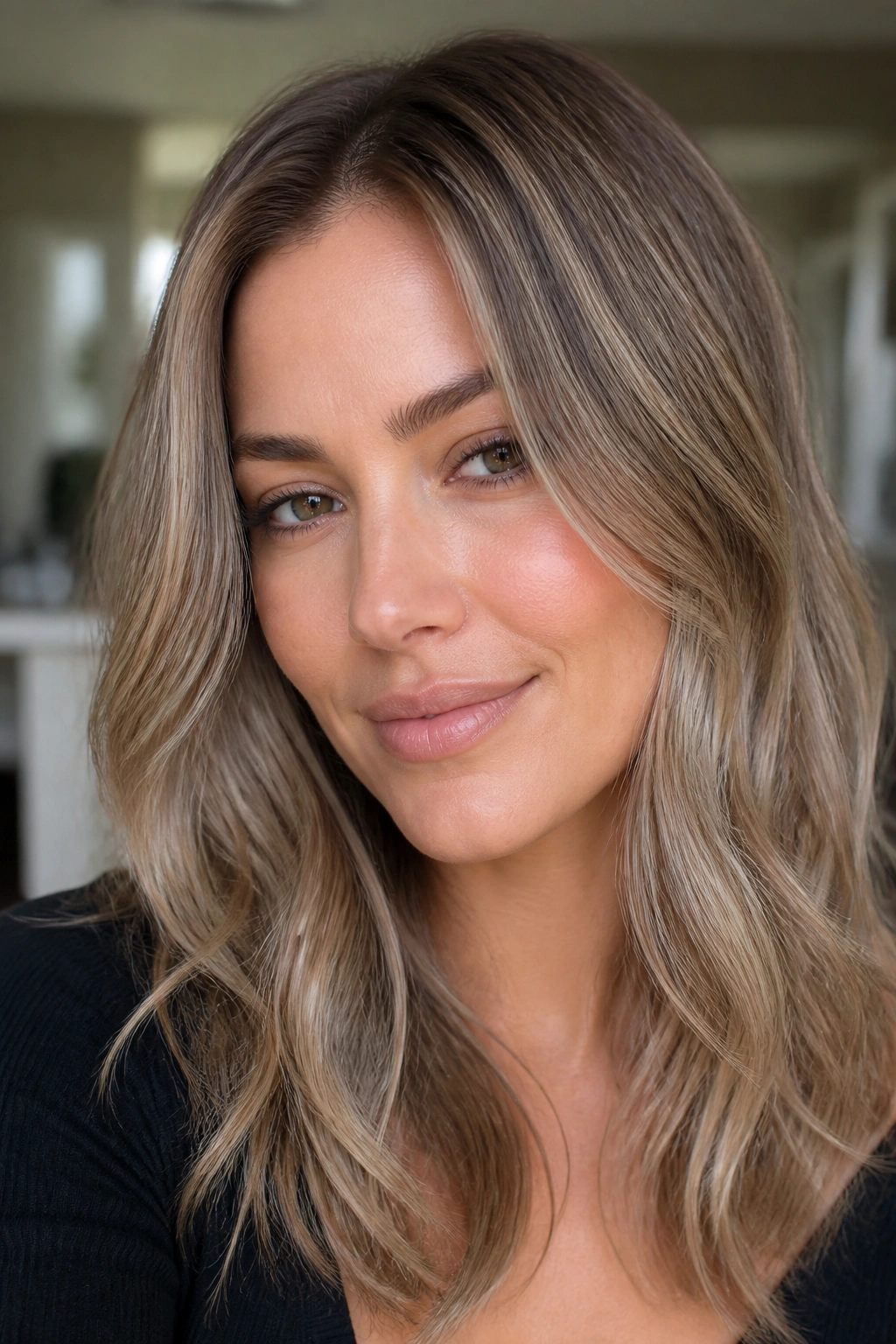 Portrait of a woman with ash bronde hair.