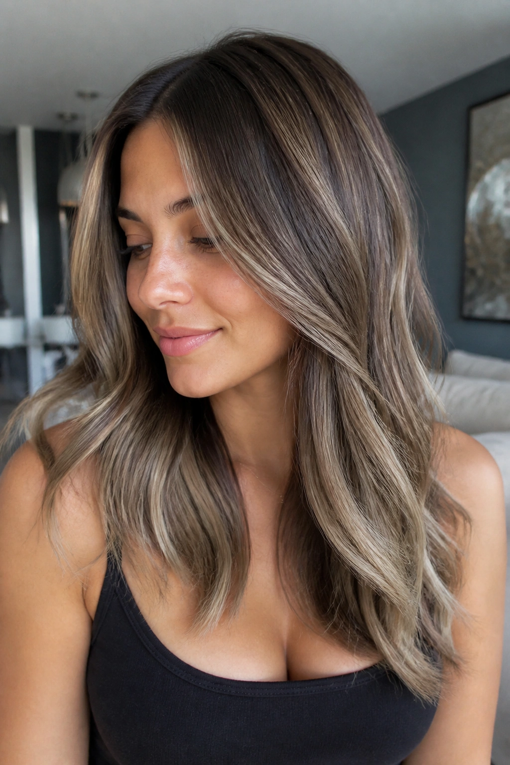 Real person with ash bronde and smoky toner.