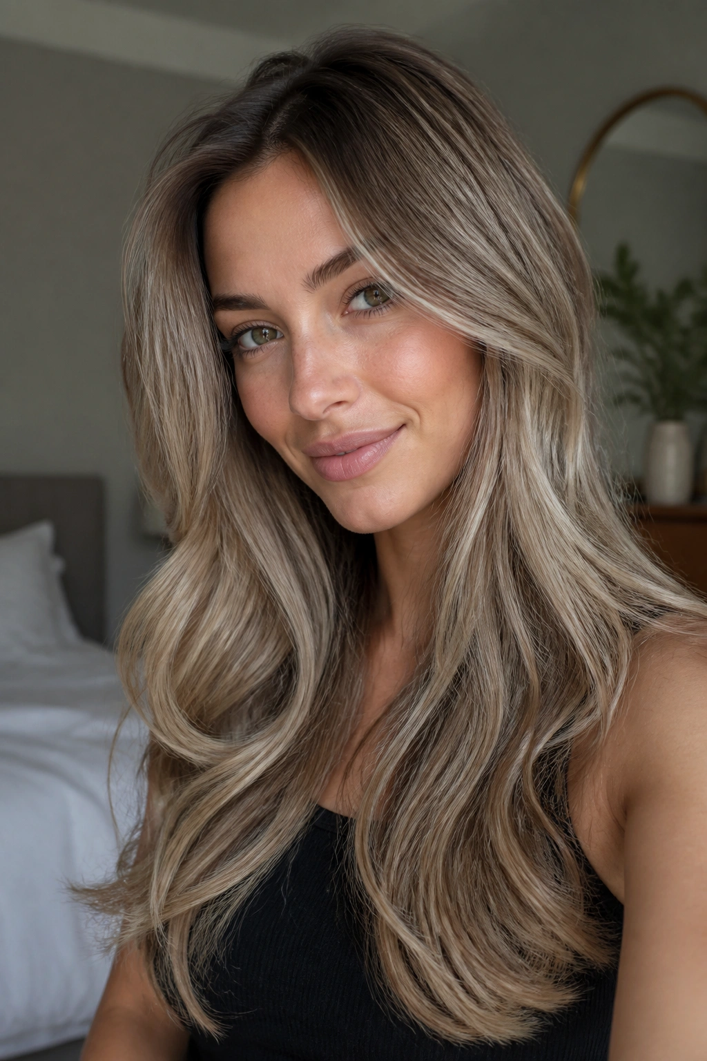 Close-up portrait of a real woman with ash-bronde hair and soft lived-in roots in natural window light.