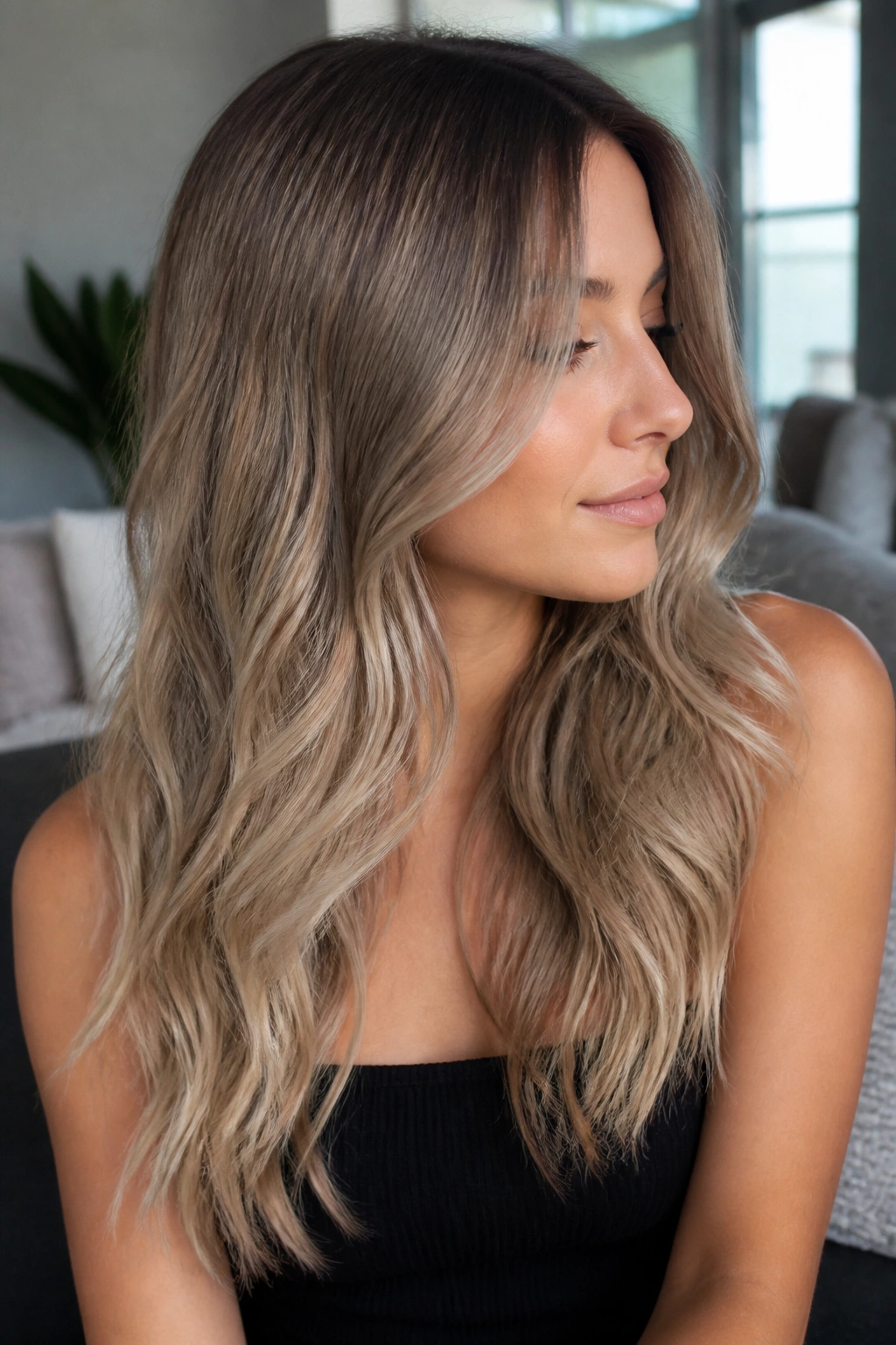 Real woman with ash bronde waves and soft contrast.