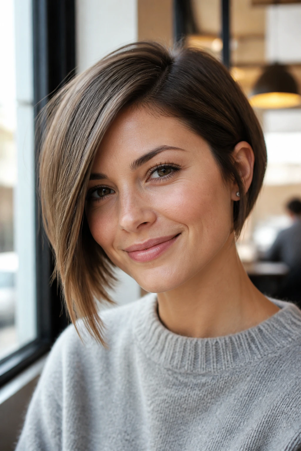 Close-up of a real woman with ash brown asymmetrical bob at cafe window