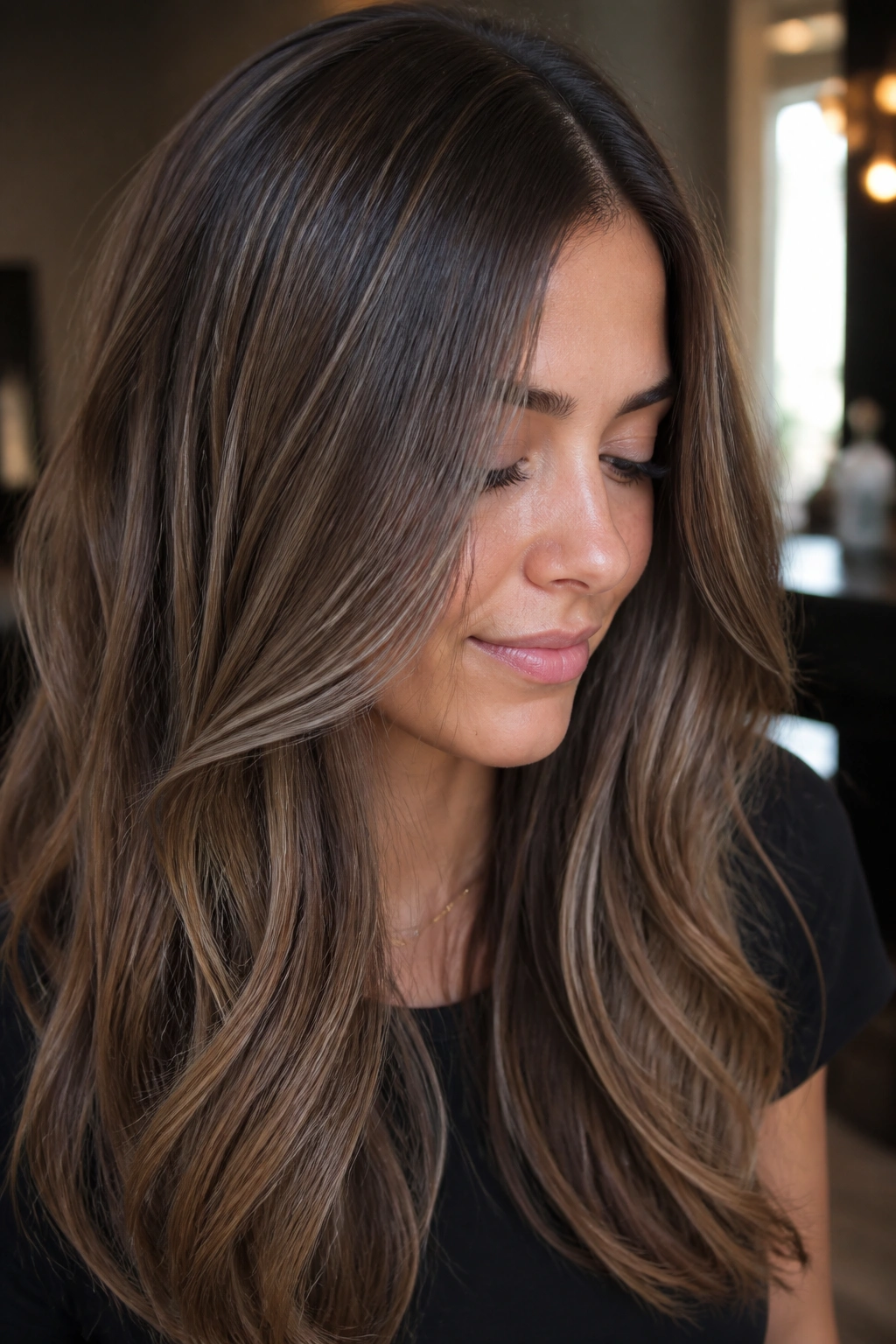 Close-up of a real woman's hair with ash brown babylights for subtle dimension