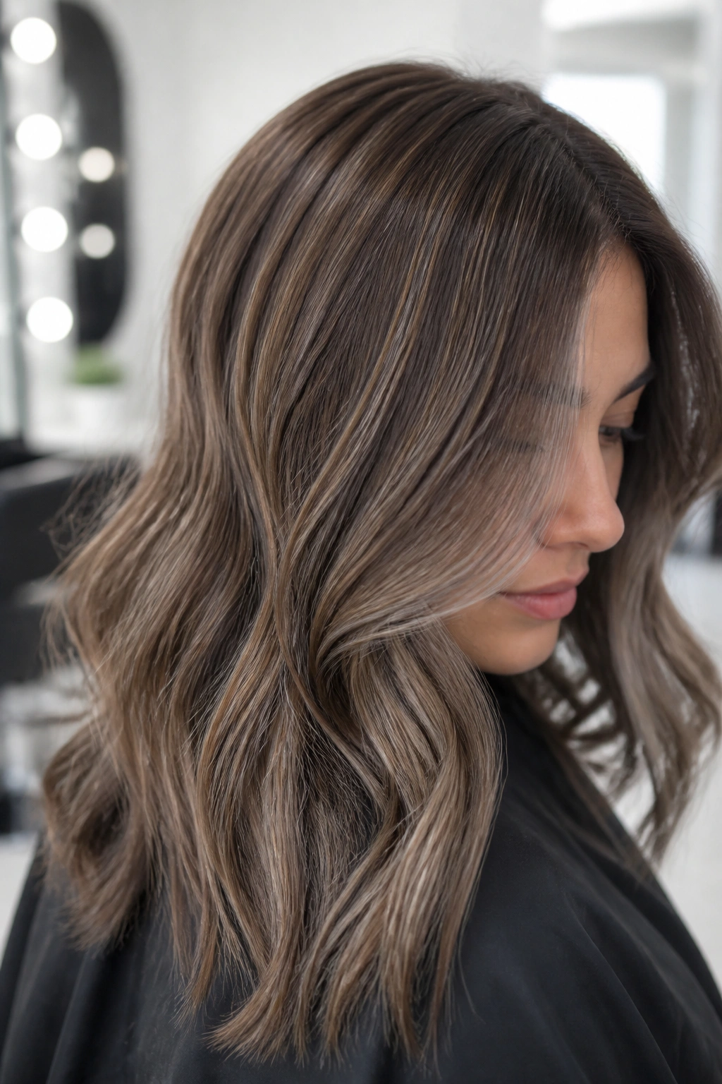 Close-up of hair with ash brown babylights blending into brunette
