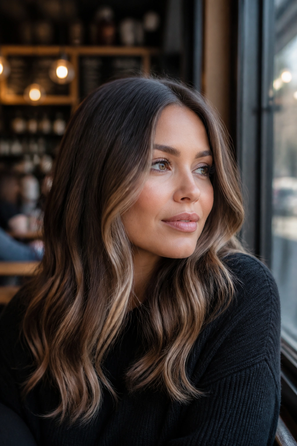 Close-up of a real woman with dimensional ash brown hair and subtle babylights, soft waves.