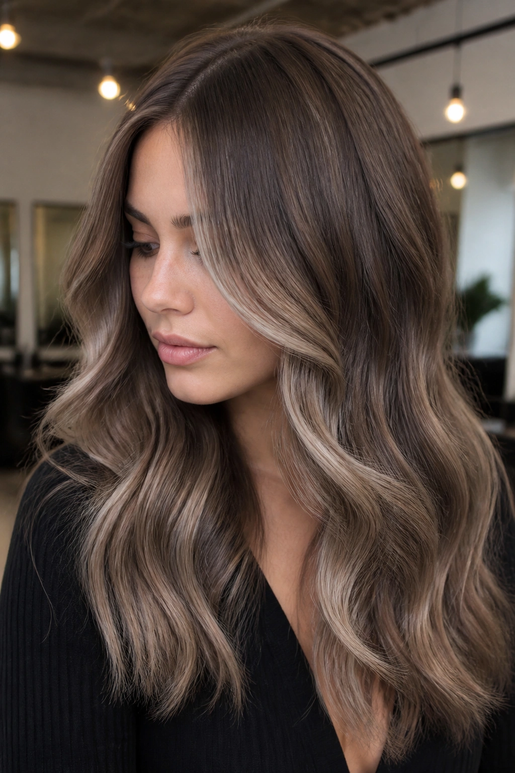 Close-up portrait of a woman with ash brown balayage in a salon setting