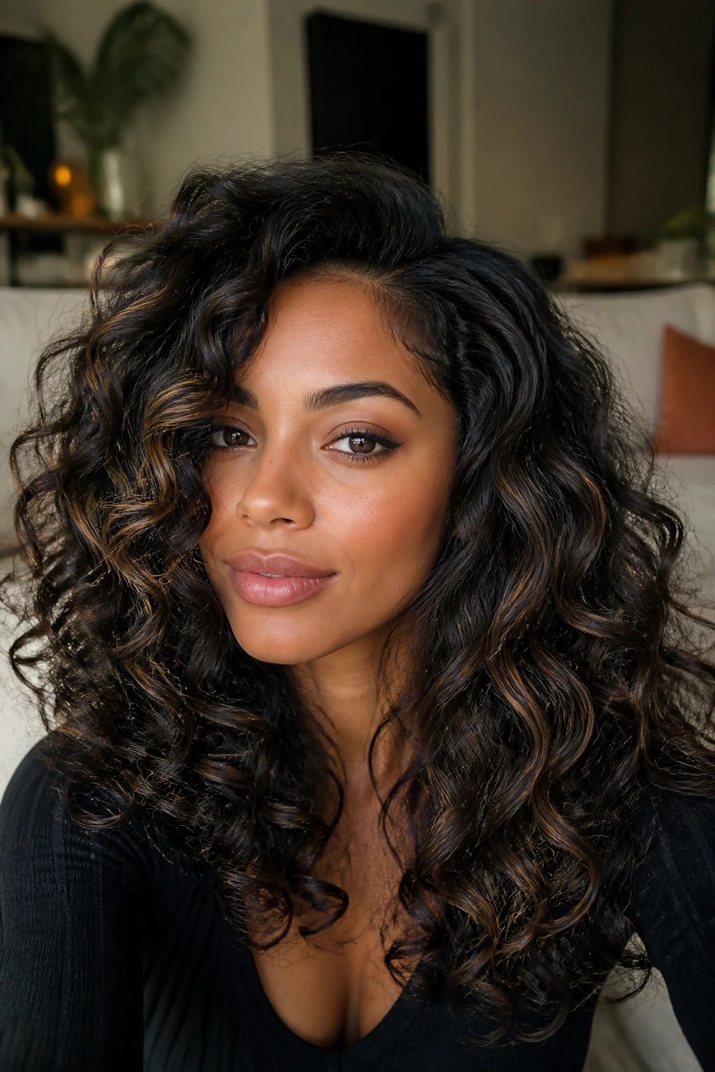 Close-up of a real person with ash brown balayage on black hair