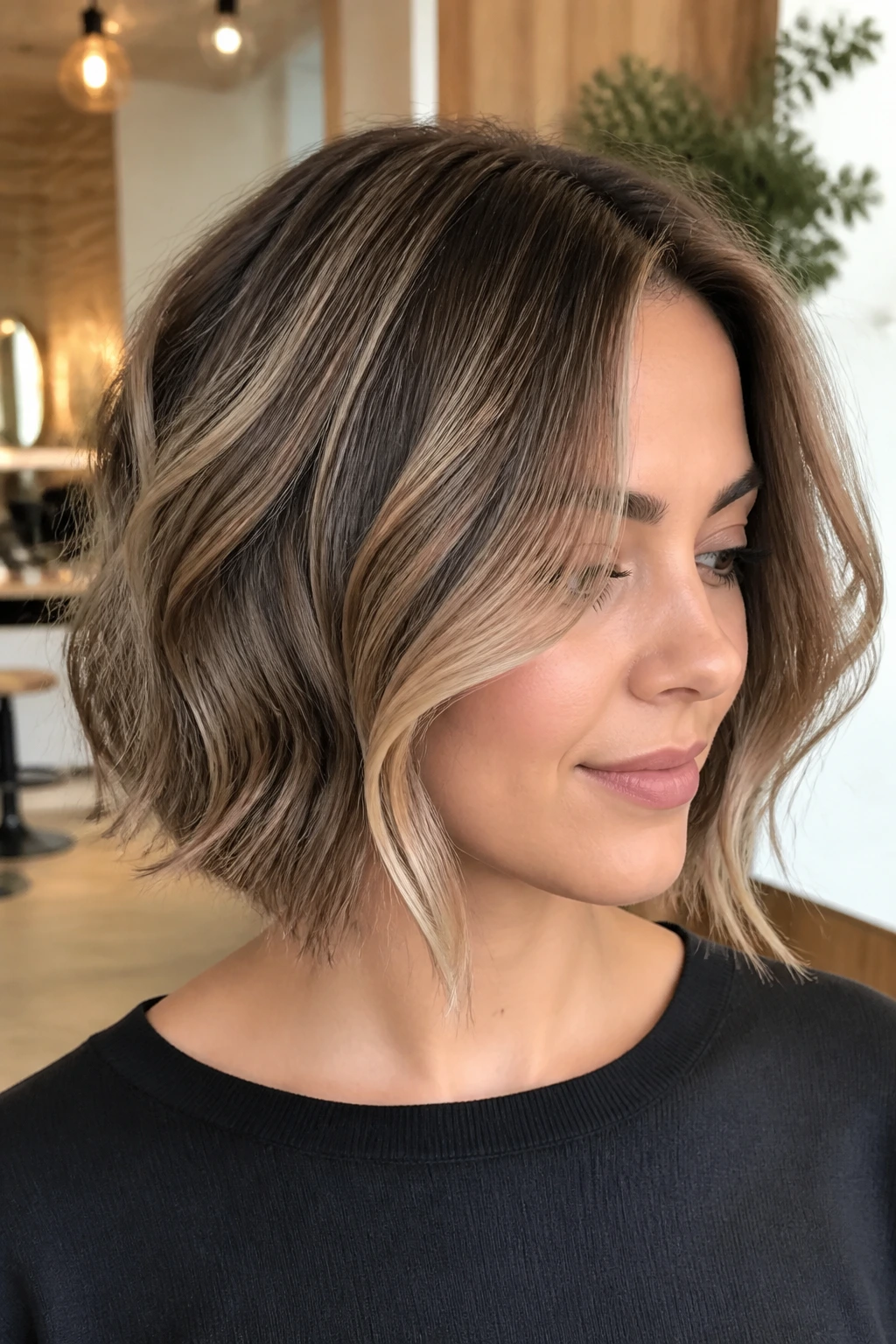 Close-up portrait of a real person with a wavy bob and tapered front pieces.