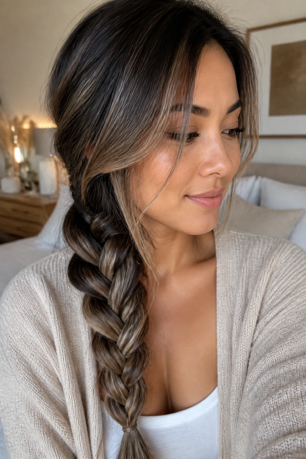 Close-up of a real woman with a loose side braid showing ash brown balayage dimension