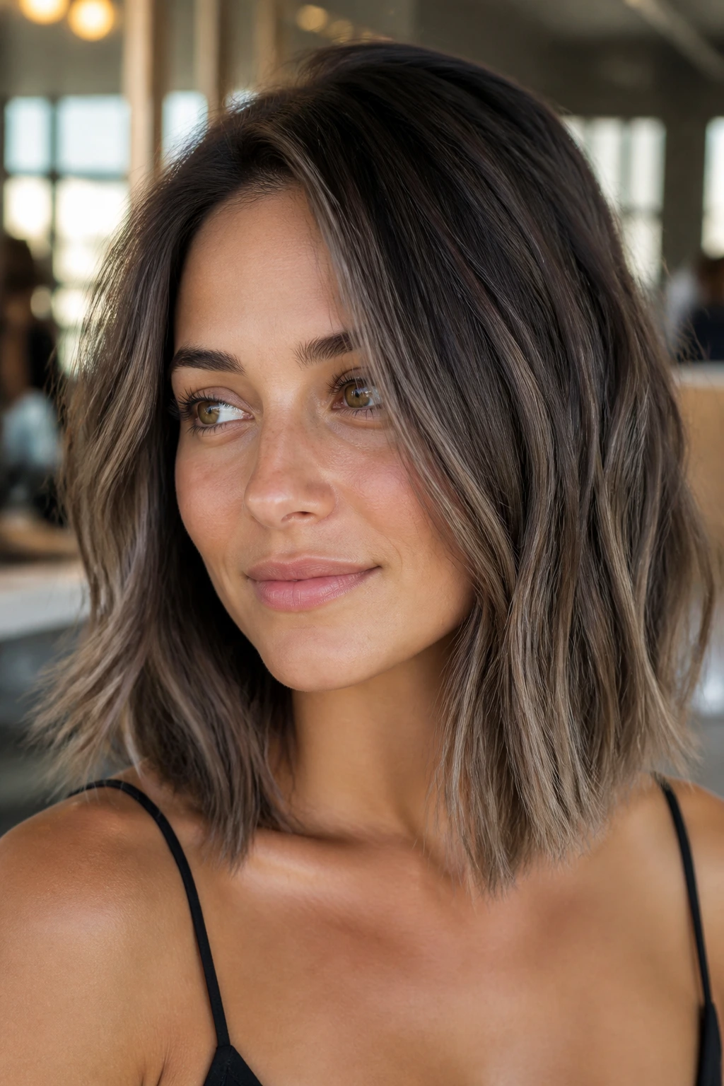 Portrait of a woman with smoky ash brown balayage at collarbone length