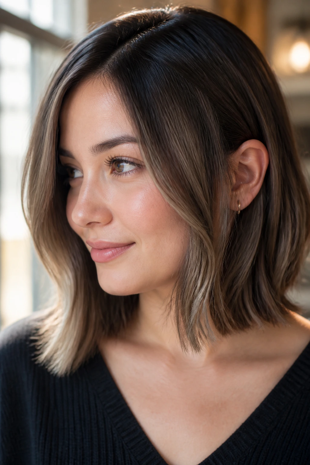 Real woman wearing ash-brown balayage on a collarbone-length lob