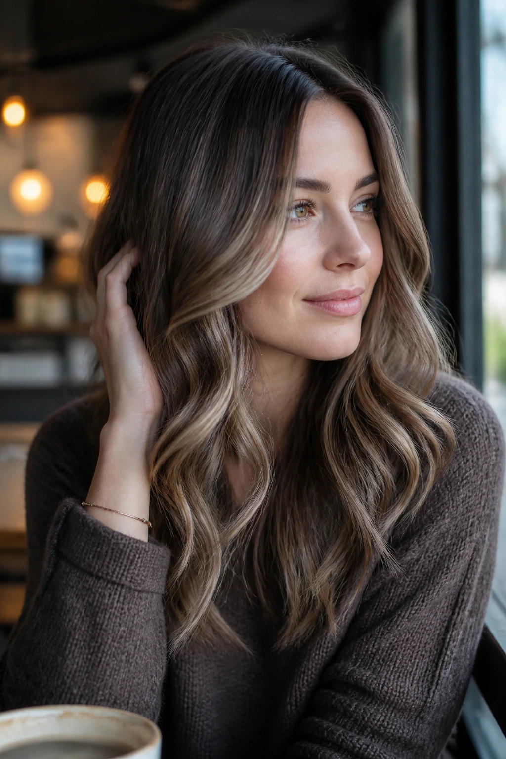 Portrait of a real woman with ash brown balayage highlights in natural cafe light.