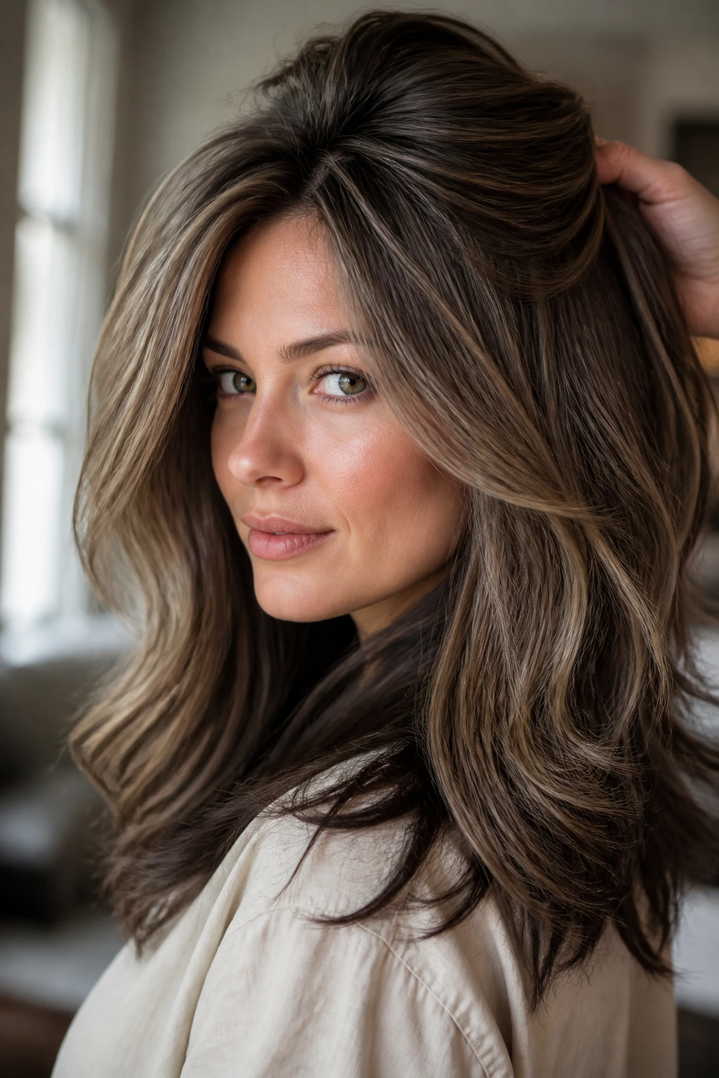 Close-up of a real woman with volumized crown and underlit ends in ash brown balayage