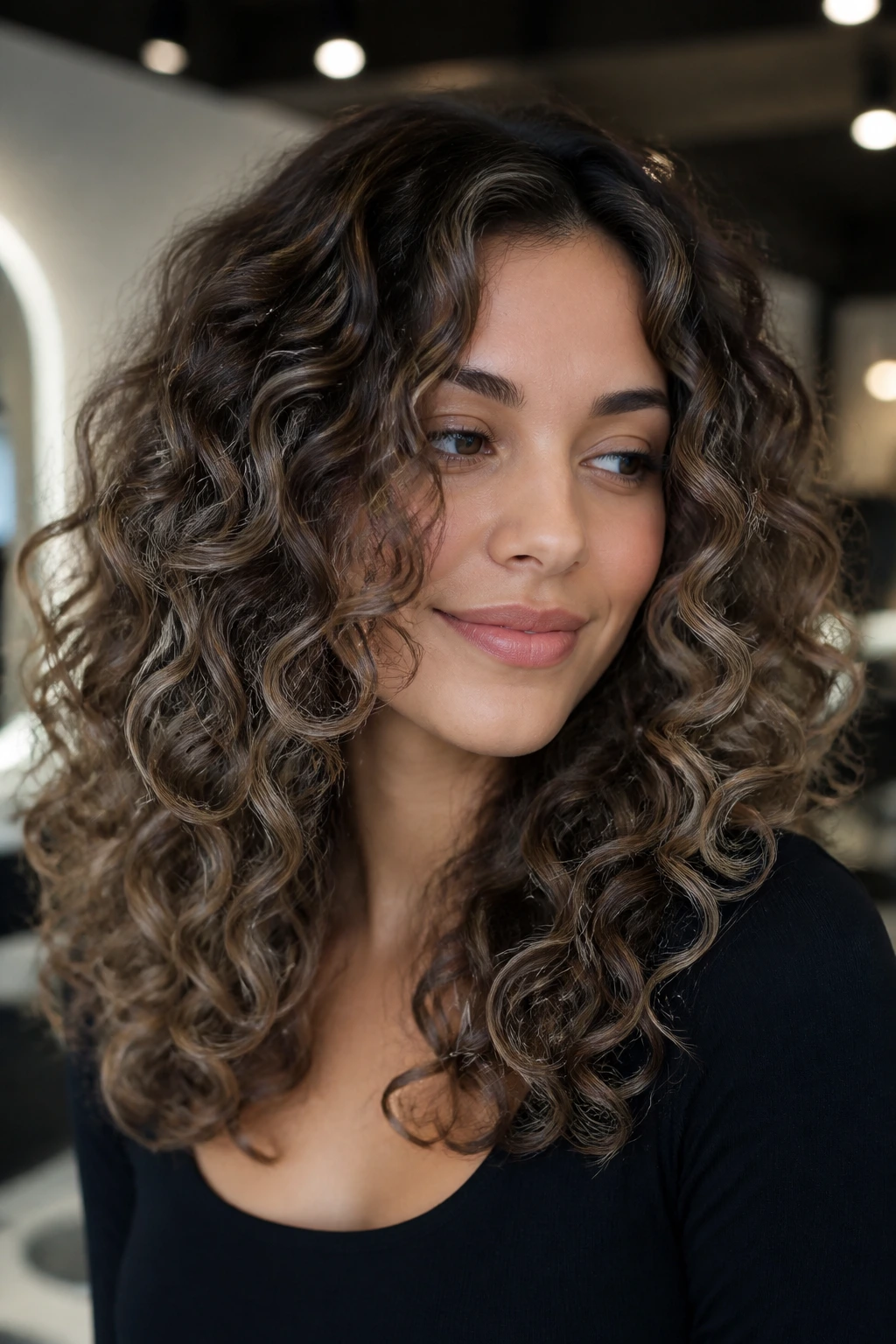 Real person with ash brown balayage on curly hair showing cool tones.