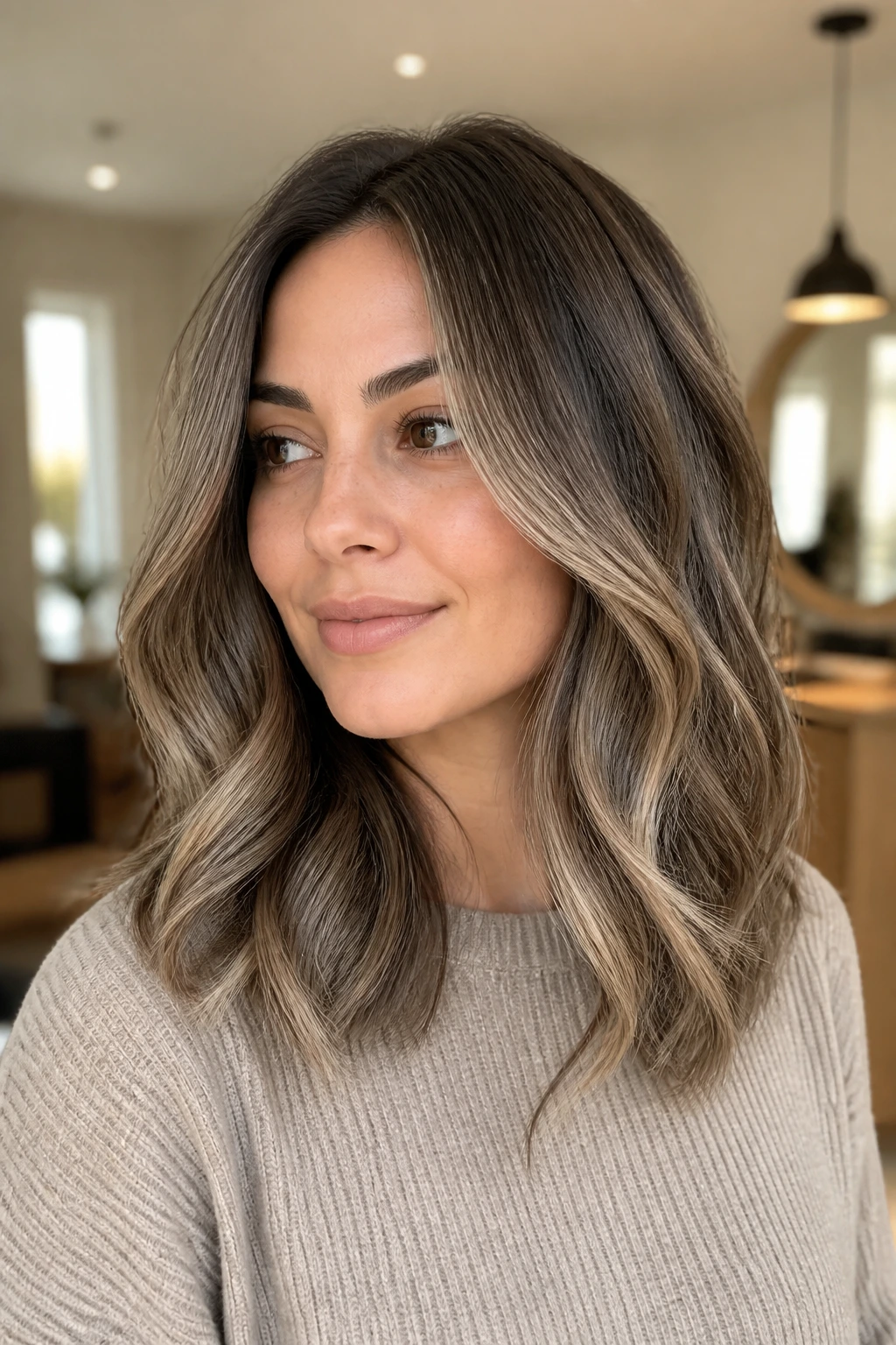 Close-up of a real woman with soft ash brown balayage framing the face in loose waves