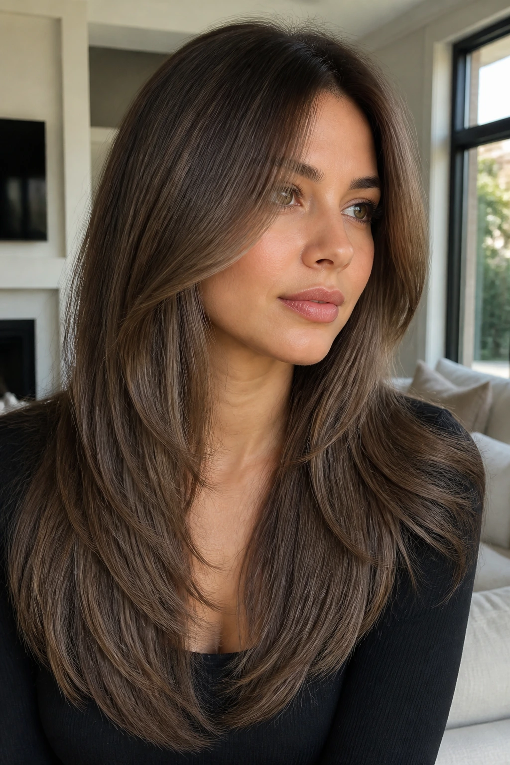 Close-up of a real woman with glossy ash brown balayage and V-cut layers