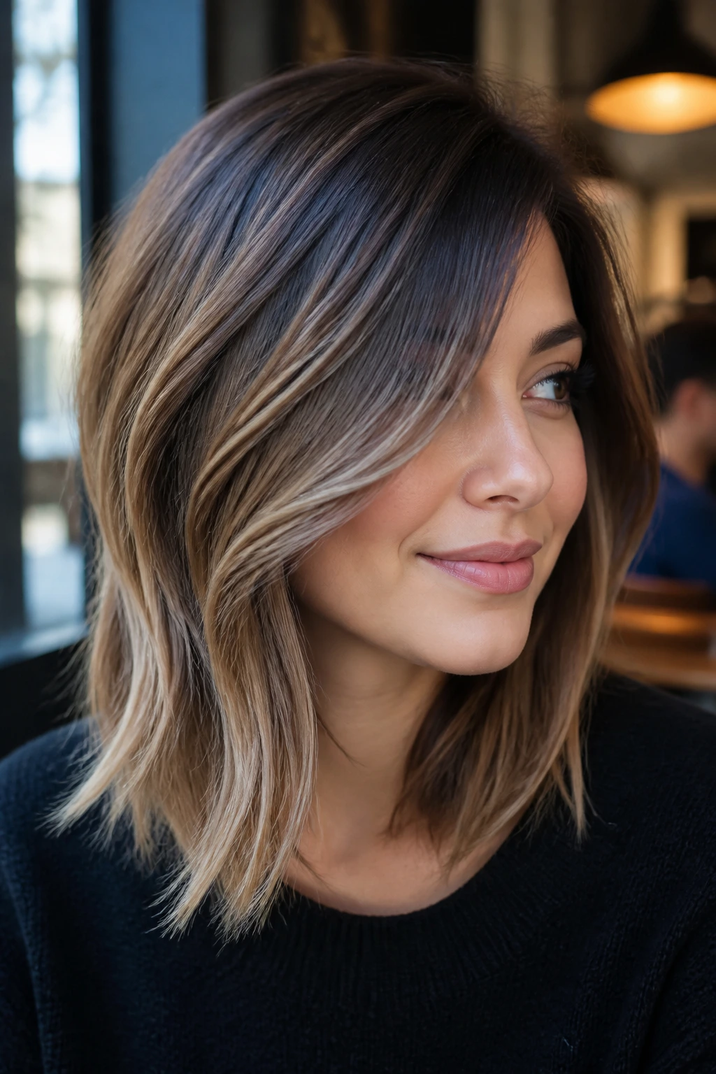 Close-up of a real woman with layered lob and off-center part in ash brown balayage