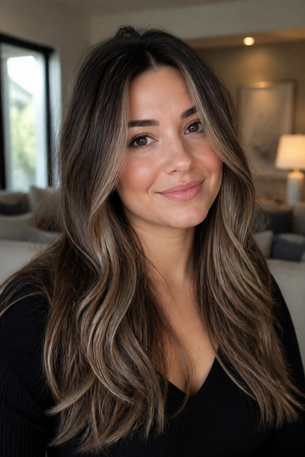 Close-up portrait of a woman showing ash brown balayage with long face-framing ribbons