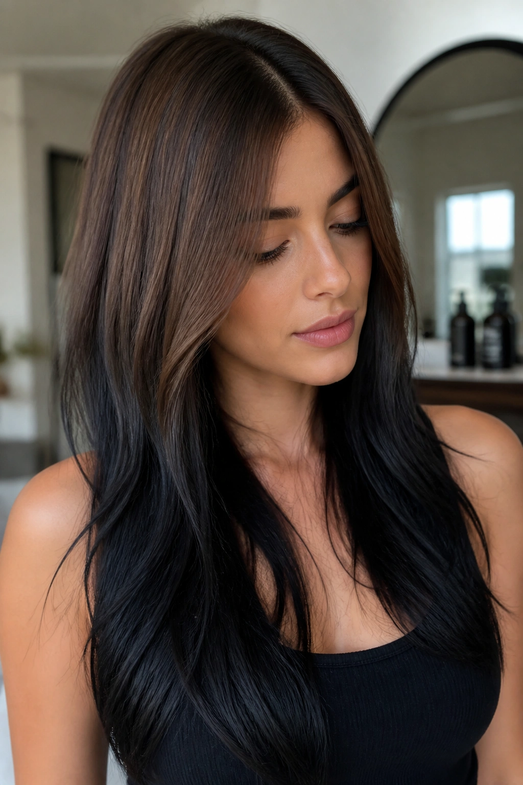 Close-up of hair gradient from ash brown to black melt on straight hair.