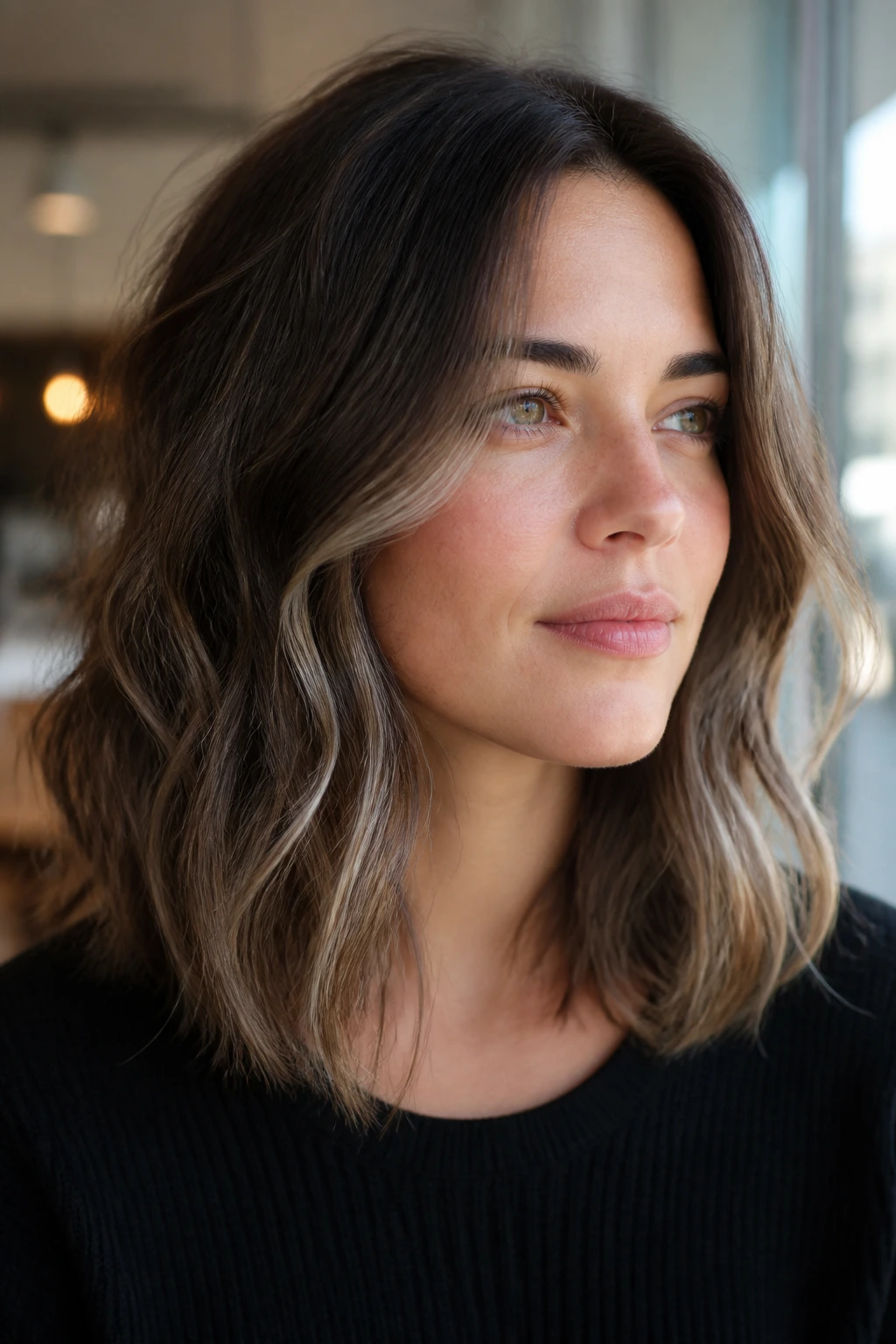 Close-up of a real woman with tousled midi hair and micro-babylights in ash brown balayage