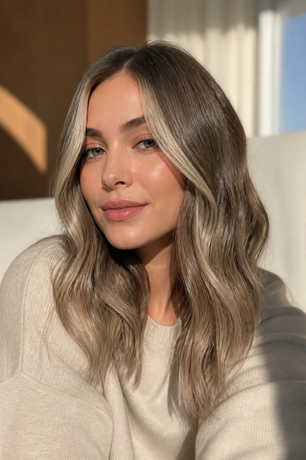 Portrait of a woman with ash brown balayage and bright money piece