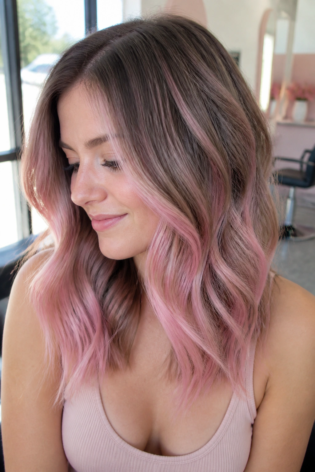 Close-up portrait of a real woman with ash brown balayage and petal pink