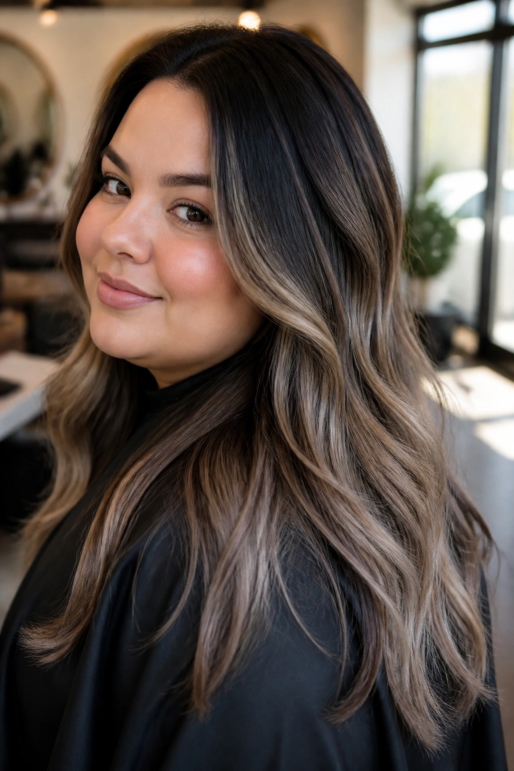 Close-up portrait of a woman with rooted ash brown balayage