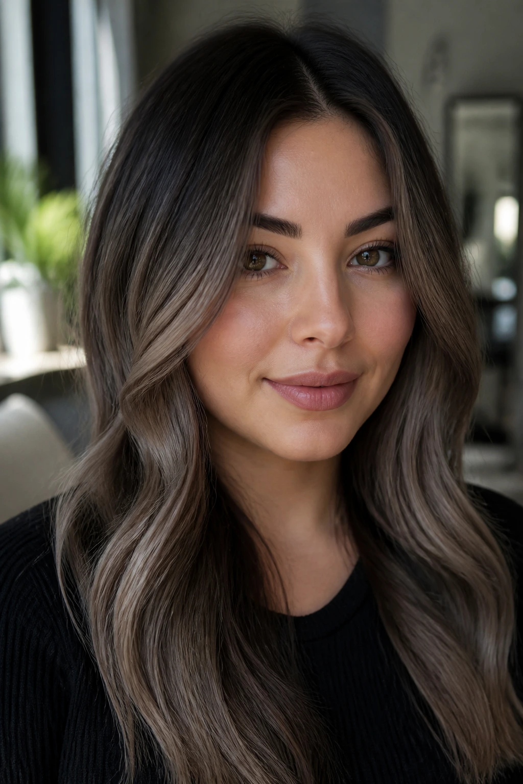 Close-up of a real woman showing ash brown balayage with a sleek outline.