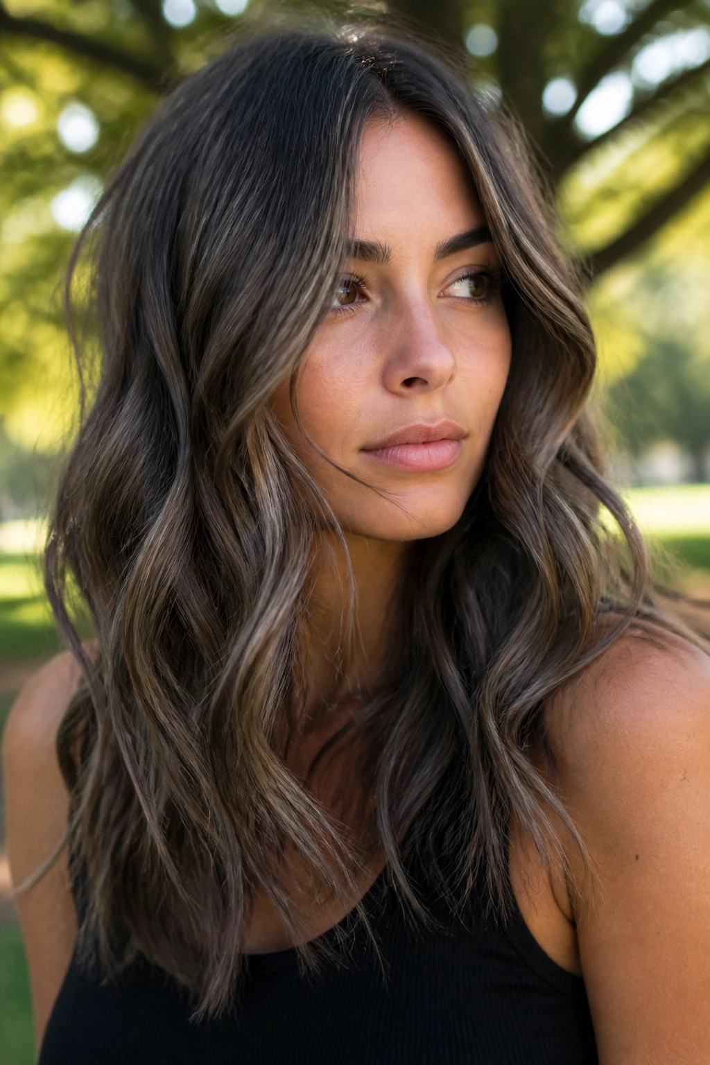 Close-up of a real woman with air-dried waves and ash ribbons