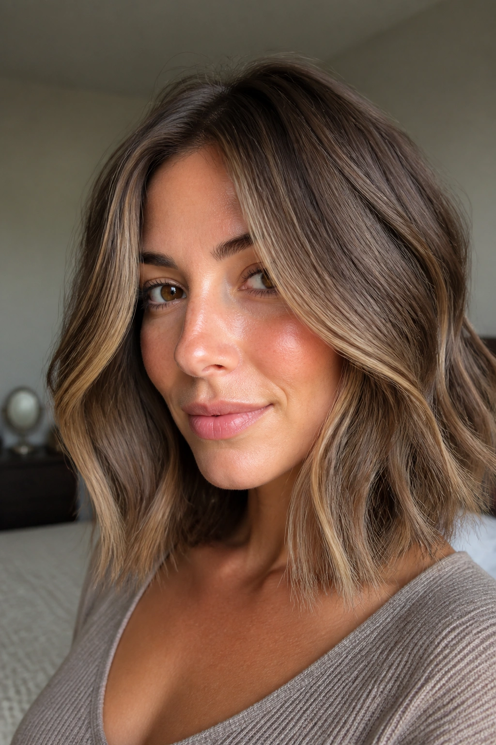 Close-up of ash brown hair with wheat blonde ribbons on a bob